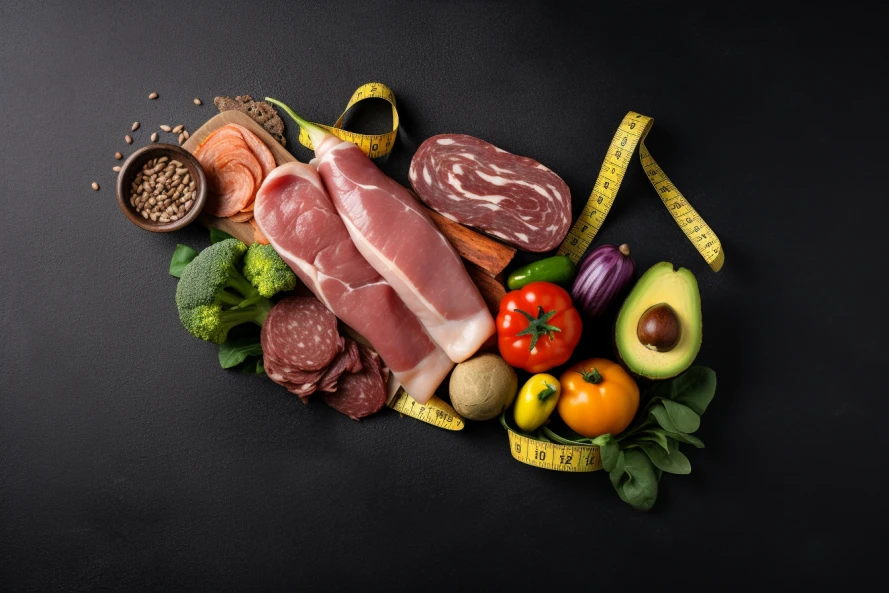 A variety of low carb vegetables meats and healthy fats with a measuring tape wrapped around them symbolizing weight loss and the concept of a low carb diet