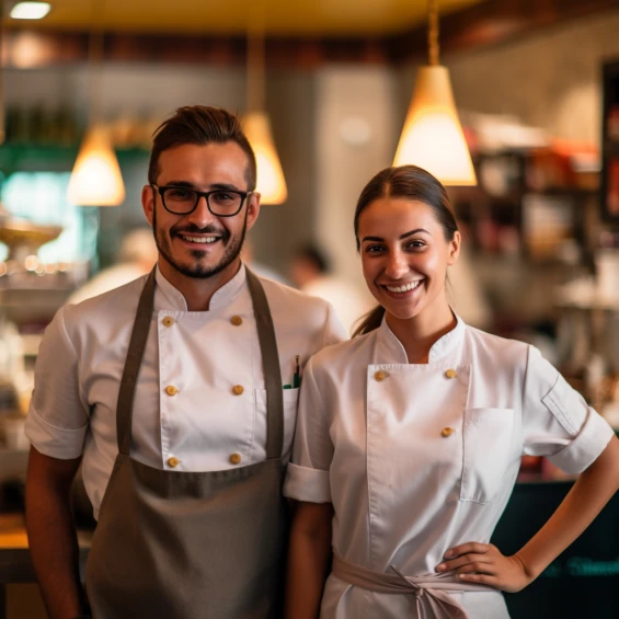 a bokeh full body shot of a two young chefs man and women with a smile on their face