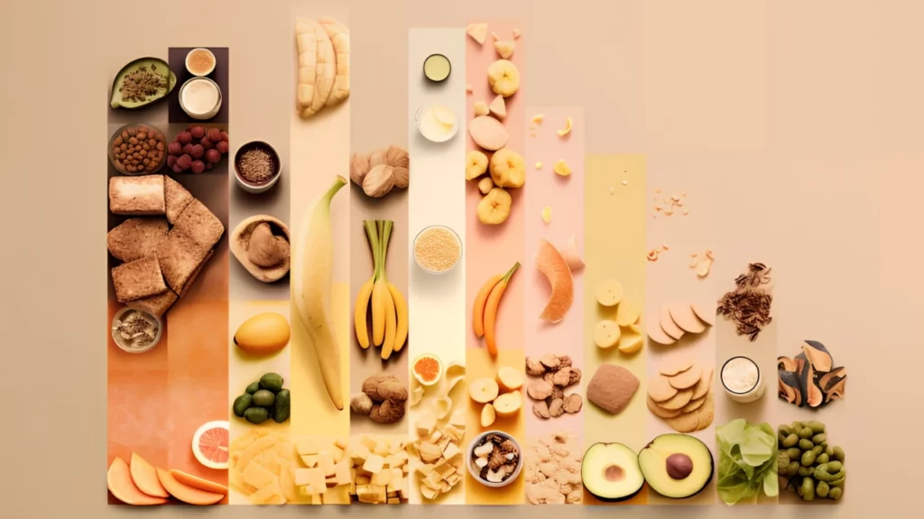 a image featuring a variety of foods arranged in a bar chart format to represent their calorie content levels. cleanup cleanup