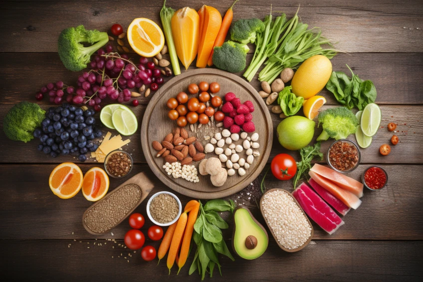 an image depicting a balanced meal with colorful vegetables, lean proteins, whole grains, and healthy fats