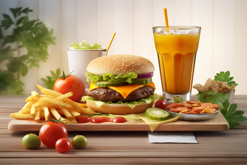 an image featuring a Burger King meal with a Whopper fries and a drink surrounded by colorful fruits and vegetables all placed on a weighing scale to represent nutritional balance