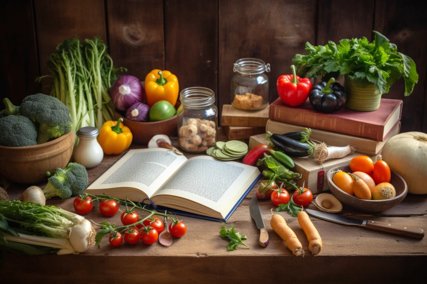an image featuring a rustic wooden table with an open cookbook, a variety of colorful fresh fruits and vegetables