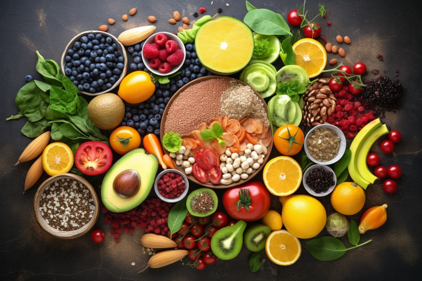 an image featuring a variety of colorful fruits, vegetables, whole grains, lean proteins, and healthy fats