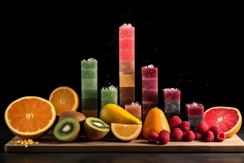 an image featuring a variety of colorful fruits with visible sugar crystals on their surfaces arranged in a bar chart format to represent their sugar content levels