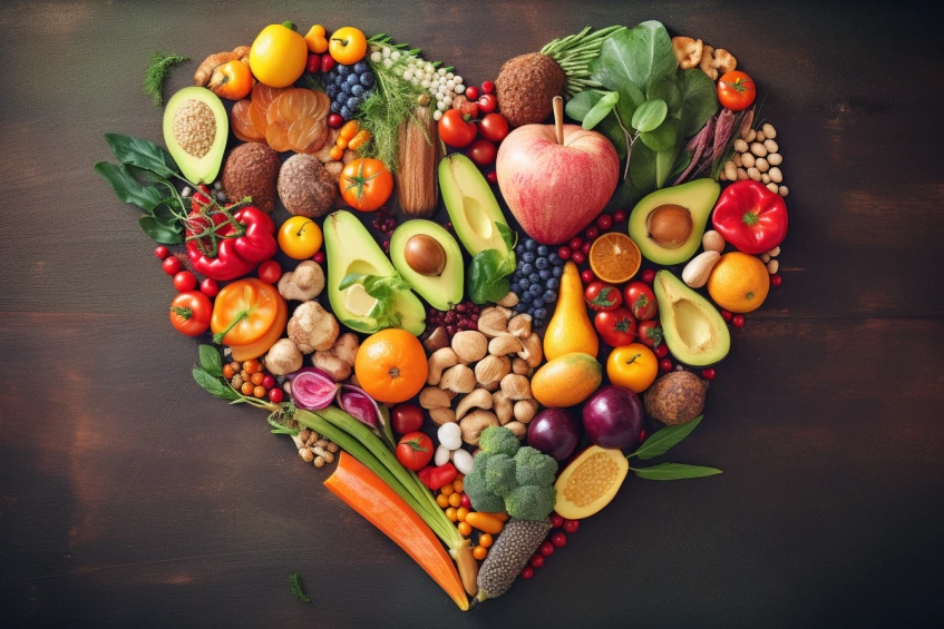 an image featuring a variety of colorful, whole foods arranged in a heart shape