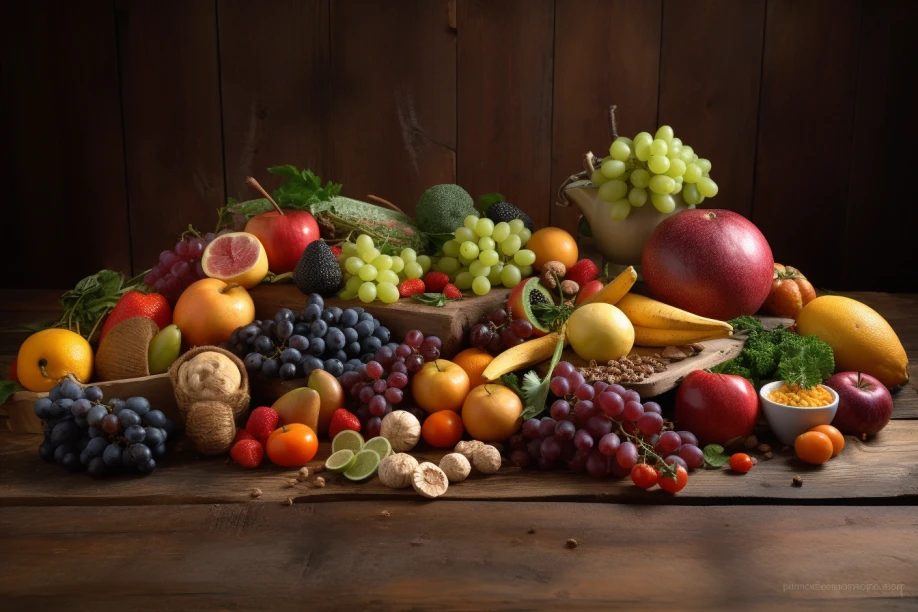 an image featuring a vibrant assortment of fresh fruits vegetables and whole grains artistically arranged on a rustic wooden table with a soft natural light illuminating the scene