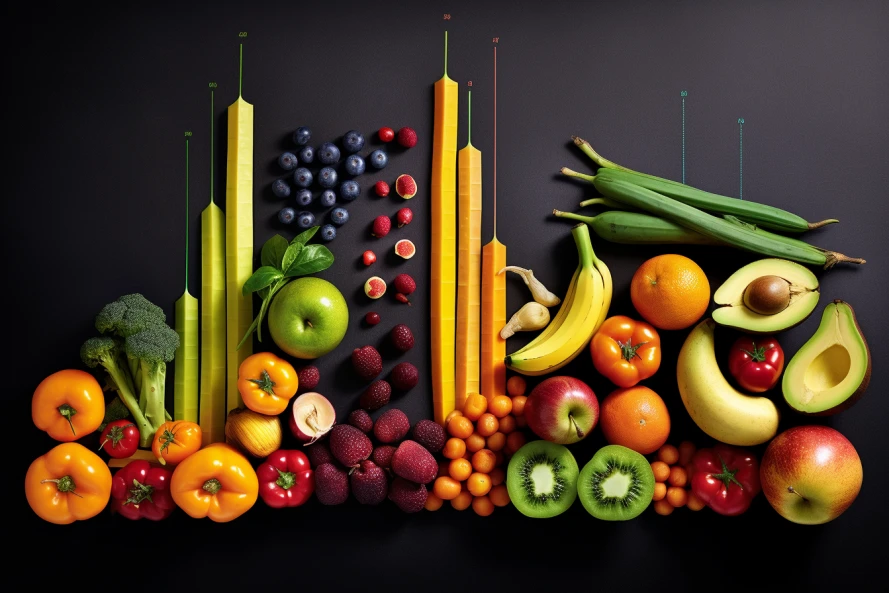 an image featuring various colorful fruits and vegetables arranged in bar graphs representing healthy eating statistics