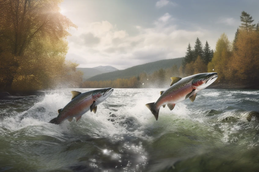 image depicting two salmon side by side leaping through a pristine river scene