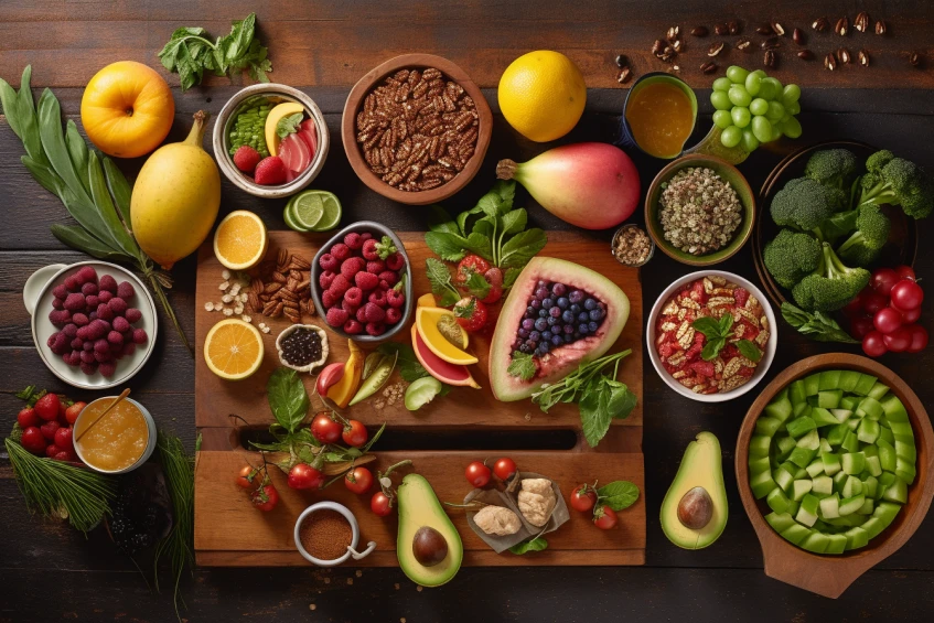 n image showcasing a vibrant, colorful variety of fresh fruits, vegetables, whole grains, and lean proteins