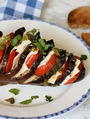 Baked Eggplant With Mozarella, Tomato & Pesto
