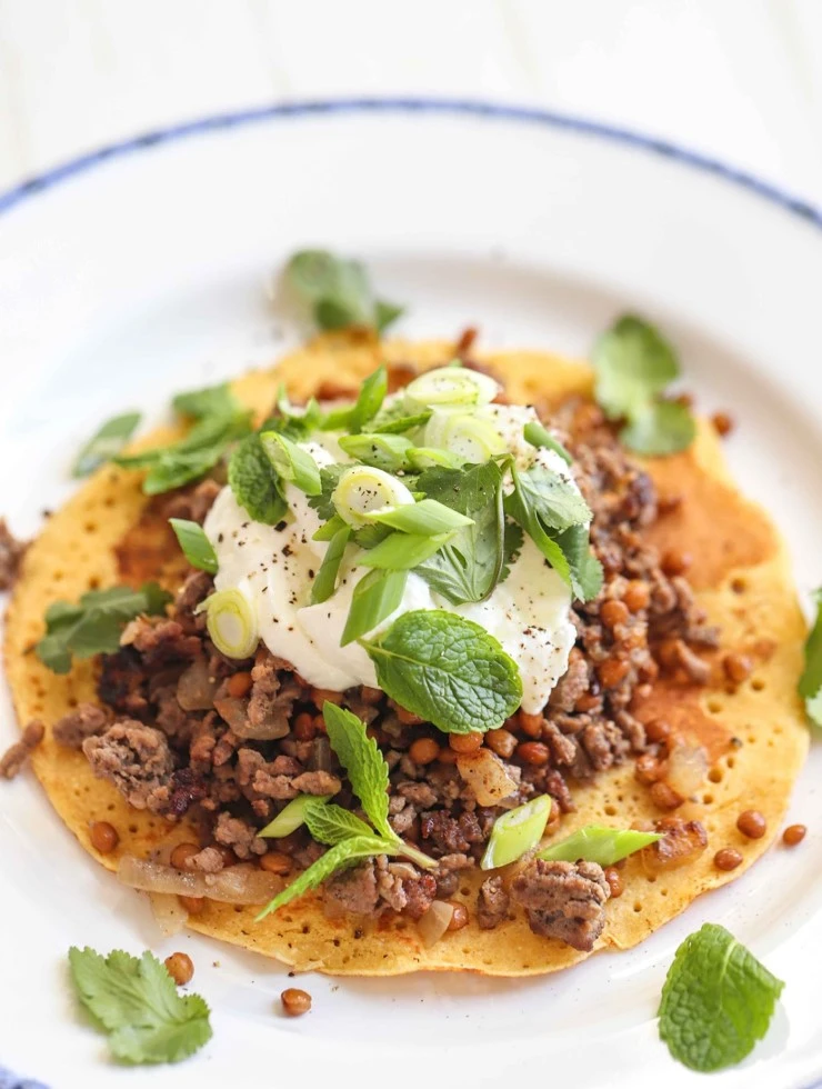 Chickpea Pancakes With Beef & Lentils