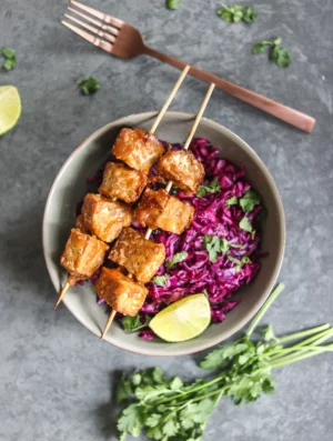 Satay Tempeh Skewers With Asian Slaw