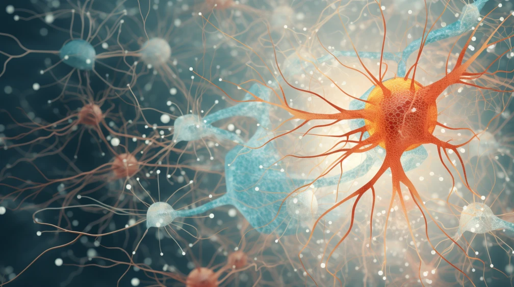 An intricate web of neurons and bacteria in the human gut, symbolizing the connection between gut health and mood, with a soft, scientific illustration style