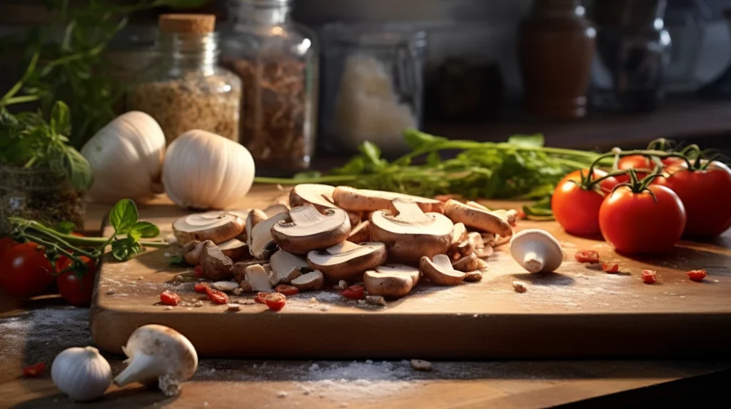 cooking in a bright kitchen with mushroom on a cutting board