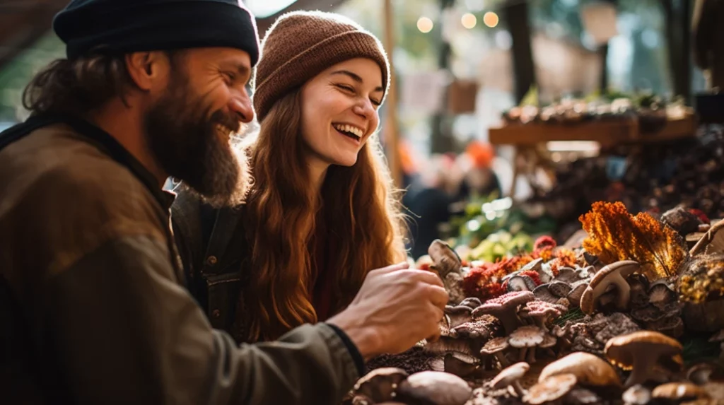 couple buying musrooms turkey tail, reishi, lion's mane, and chaga at a farmers market
