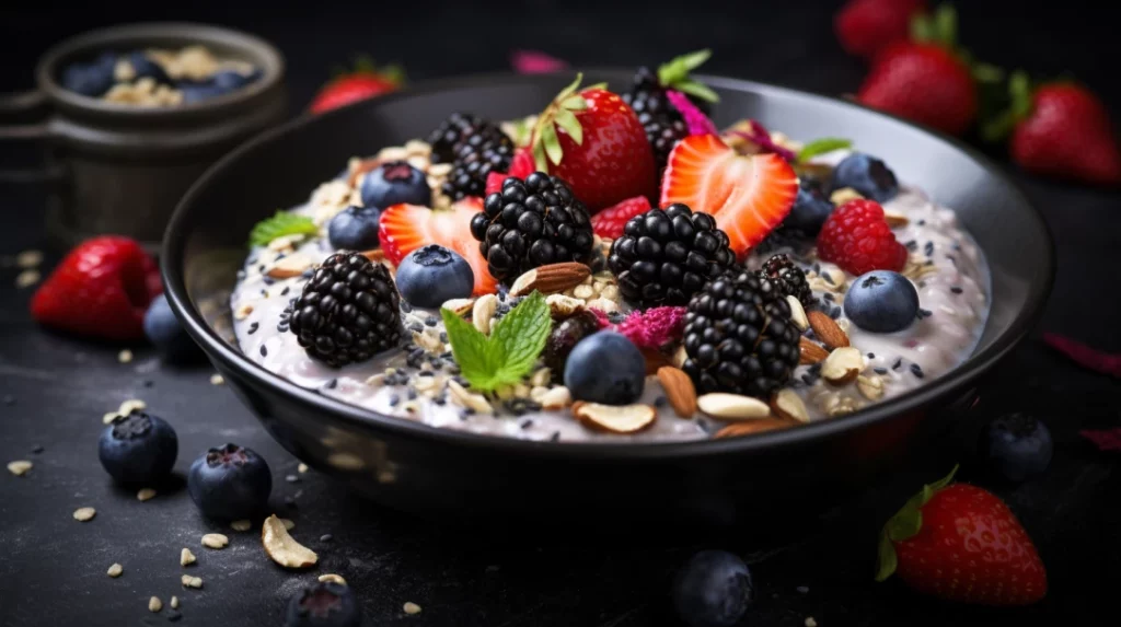 Oatmeal topped with chia seeds and berries