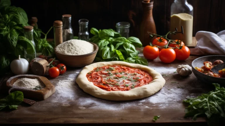 A rustic wooden table with a freshly baked gluten free pizza