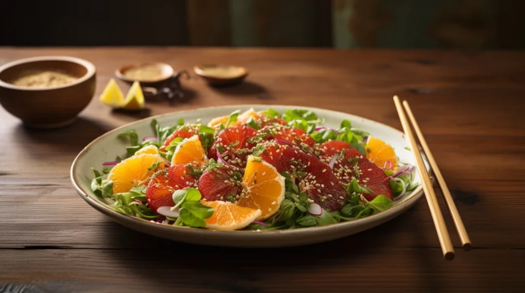A vibrant, fresh salad with slices of blood orange, mixed greens, and a drizzle of ginger dressing,