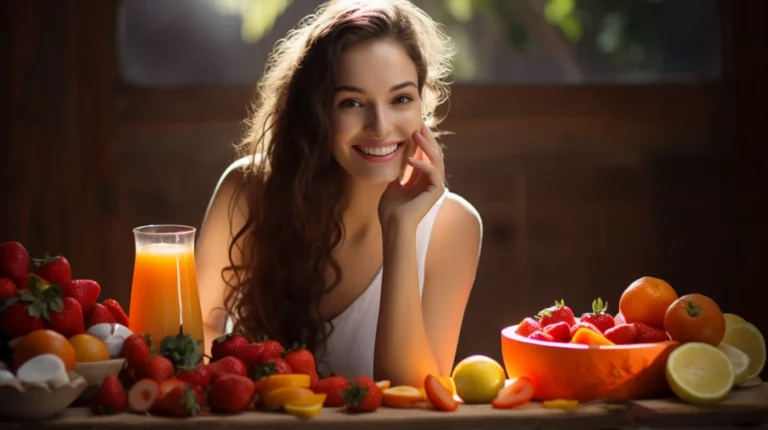 bright, radiant smile, surrounded by vibrant, fresh strawberries, oranges, apples, milk, cheese, and a glass of water