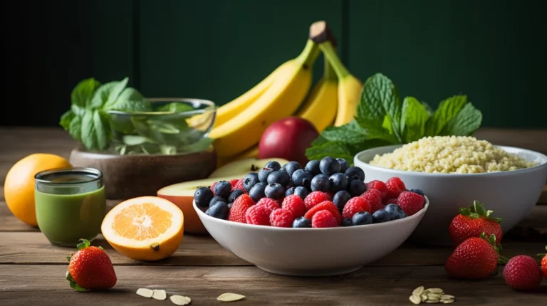 colorful spread of a variety of fruits, a bowl of oatmeal, a fresh green smoothie
