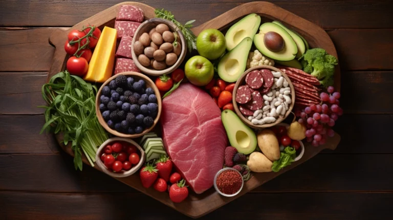 fresh fruits, vegetables, lean meats, whole grains, and low fat dairy products, all arranged in the shape of a heart on a rustic wooden table