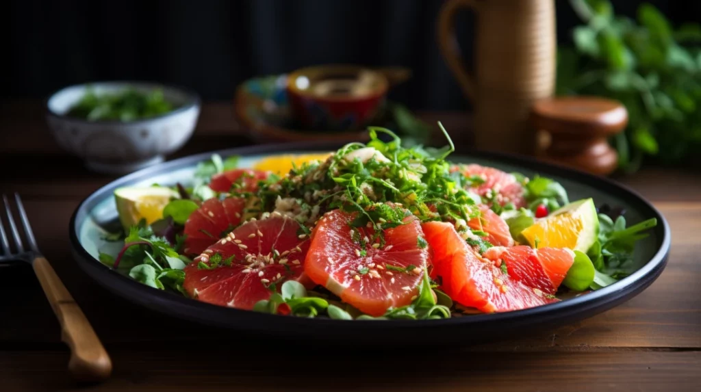 fresh salad with slices of blood orange, mixed greens, and a drizzle of ginger dressing, on a minimalist Japanese pottery plate,