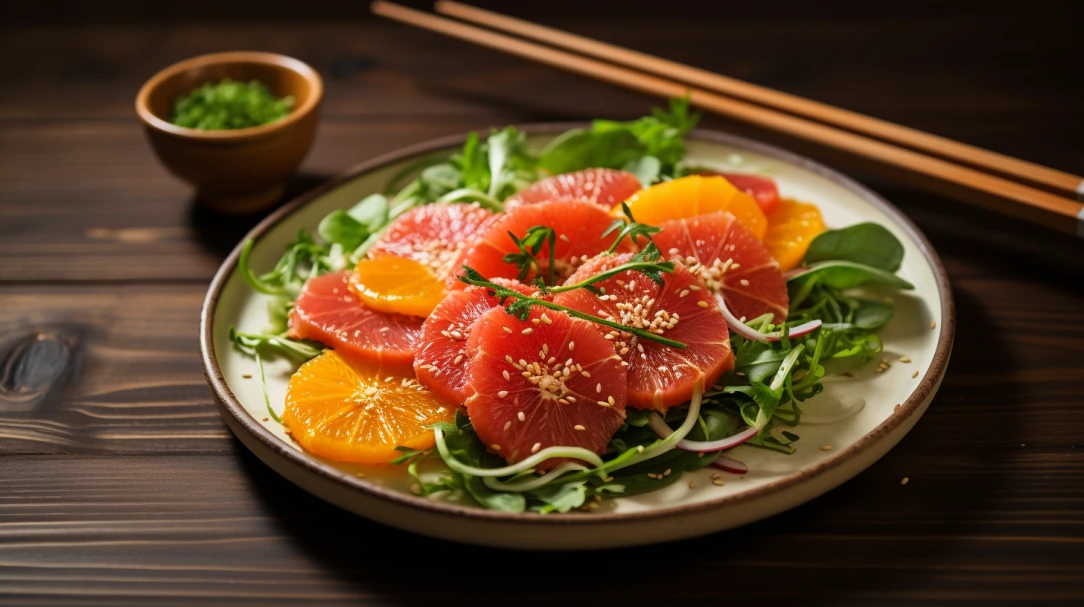 fresh salad with slices of blood orange, mixed greens