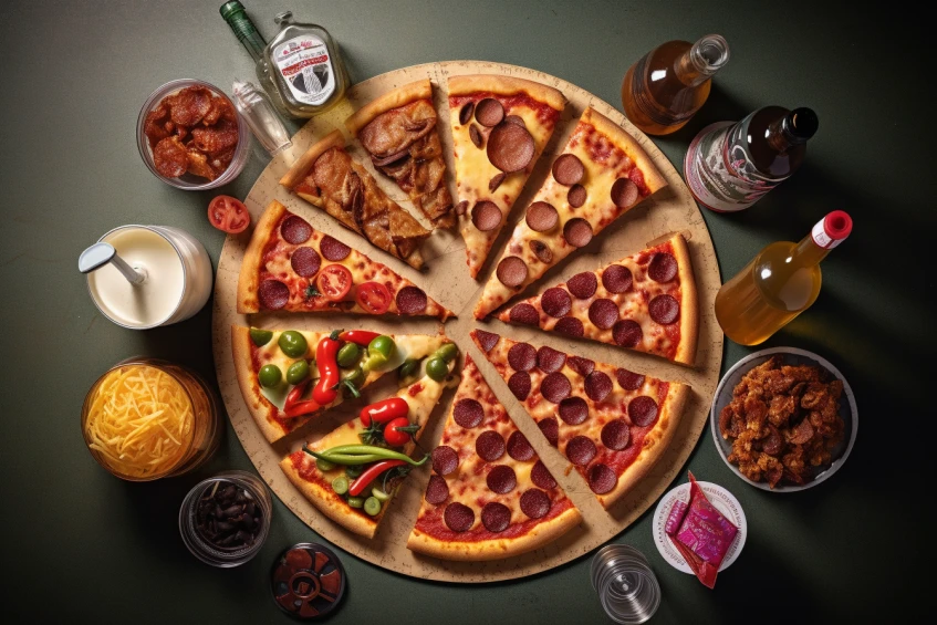 an image featuring a crossed-out pizza, soda, and processed snacks