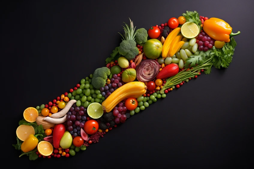 an image featuring a vibrant fruit and vegetable arrangement in the shape of a foot stepping forward