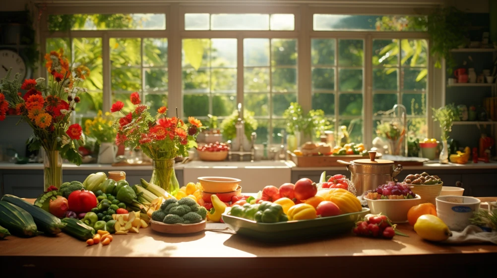 bright kitchen, table full of fruit and vegetables