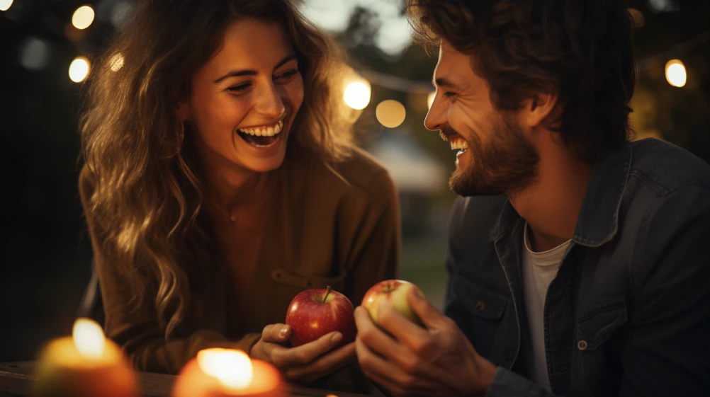 happy couple eating apples