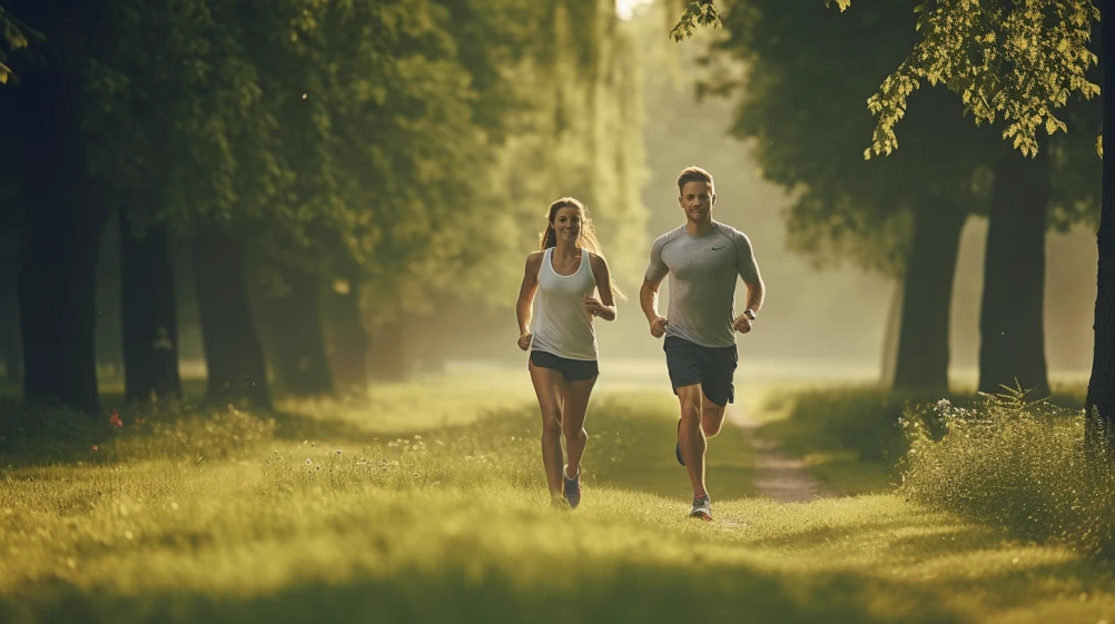 healthy couple running through a park