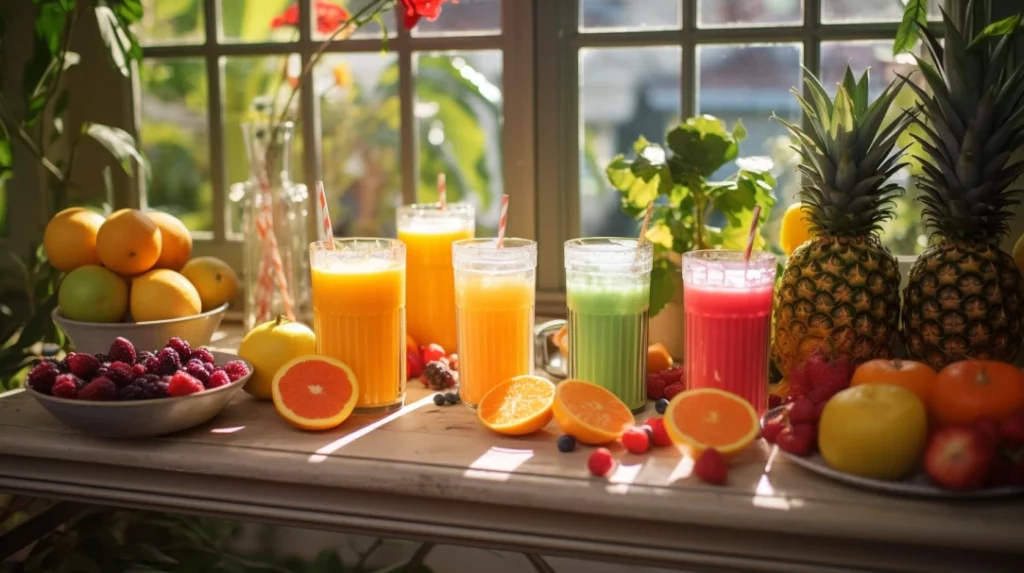 fruit juices in a sunny kitchen