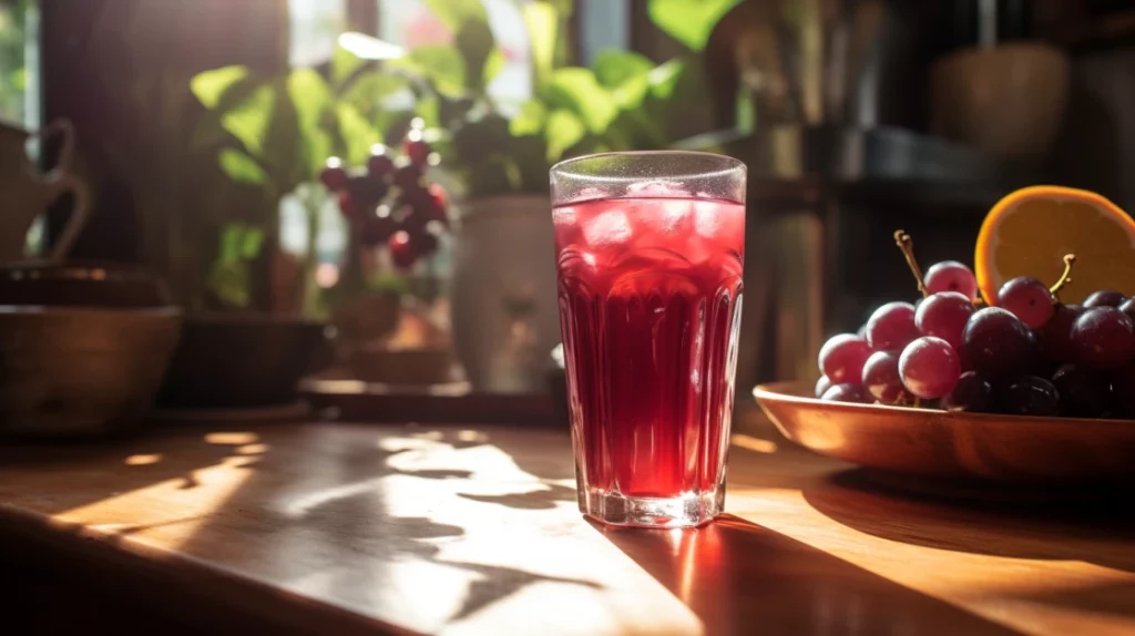glass of grape juice on a kitchen table with lots of sunlight