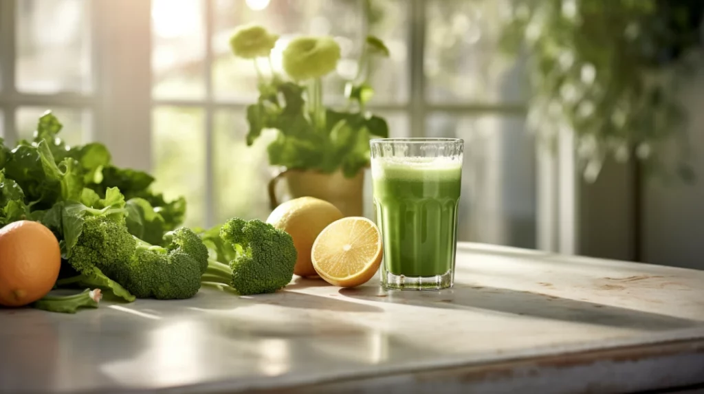 green juice in a sunny kitchen