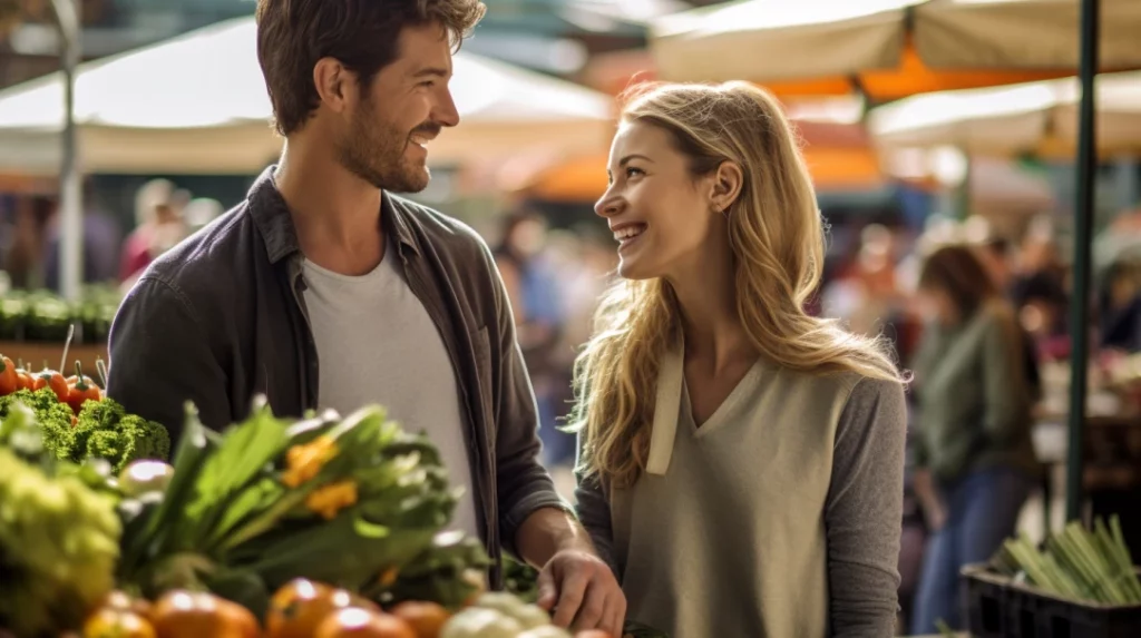 happy couple shopping at a farmers market