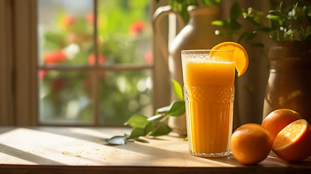 orange juice in a sunny kitchen