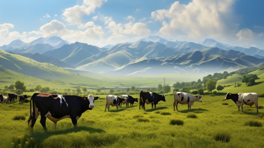 a herd of healthy, grazing cattle, with a backdrop of clear blue skies and far off mountains